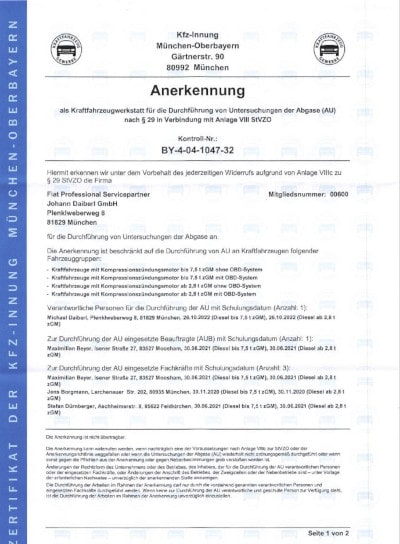 Abgasuntersuchung - Anerkennung von KFZ-Innung München-Oberbayern