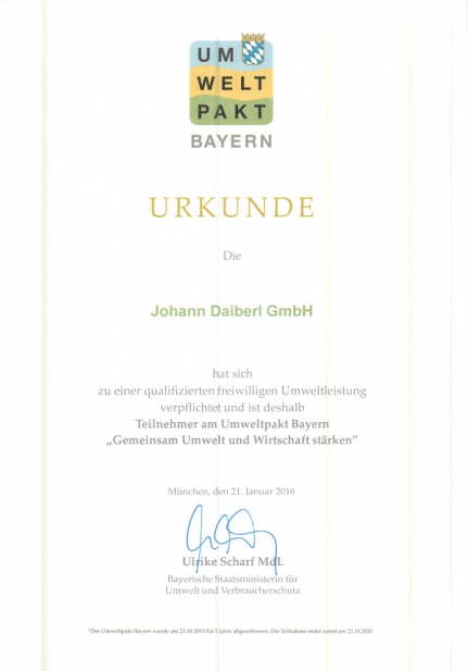 Umweltpakt Bayern - Urkunde - JOHANN DAIBERL GmbH